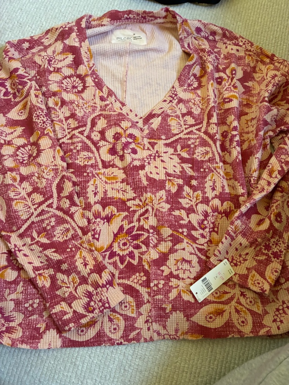 Pilcro Pink Floral Waffle Knit Top with Cream and Yellow Accents